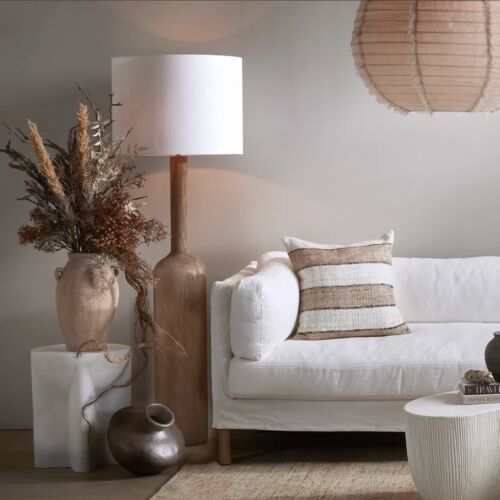 FLASK WOOD FLOOR LAMP SADDLE BASE W WHITE SHADE By Florabelle Living