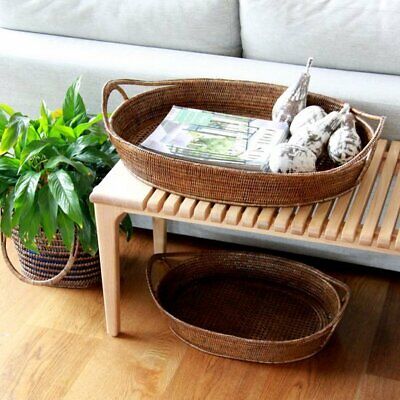 Set of 2 Large Rattan Boat Trays in Antique Brown W46 x D69 x H10 cm