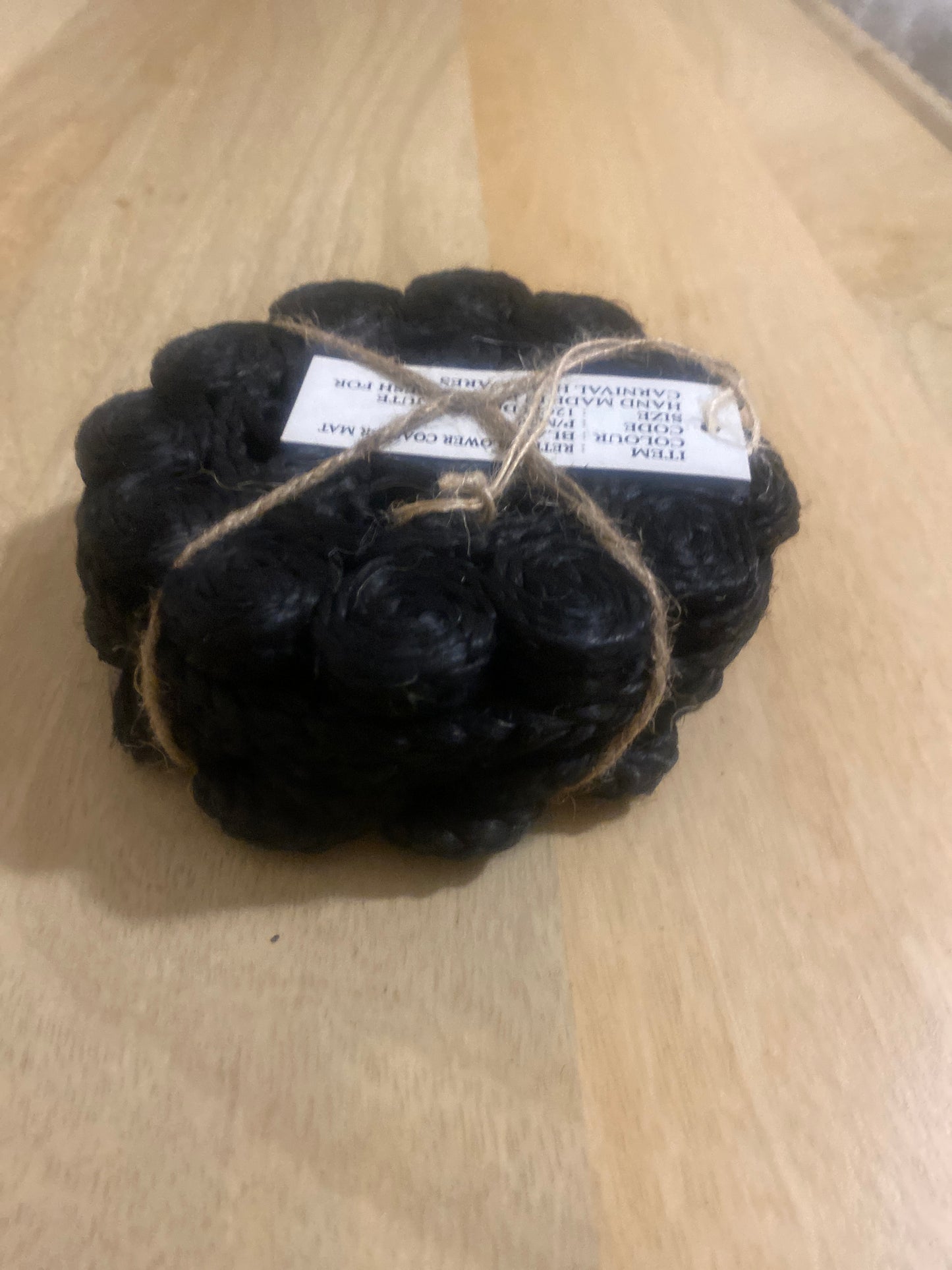 SET OF 6 - HIGH QUALITY HAND MADE JUTE COASTERS IN BLACK COLOUR- 12 CM DIA