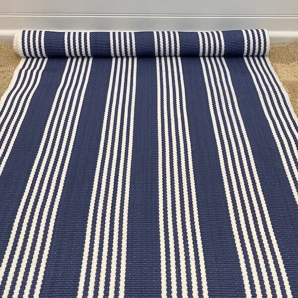 ** PRE ORDER Hamptons Floor Runner Rug recycled cotton Denim Blue & Natural