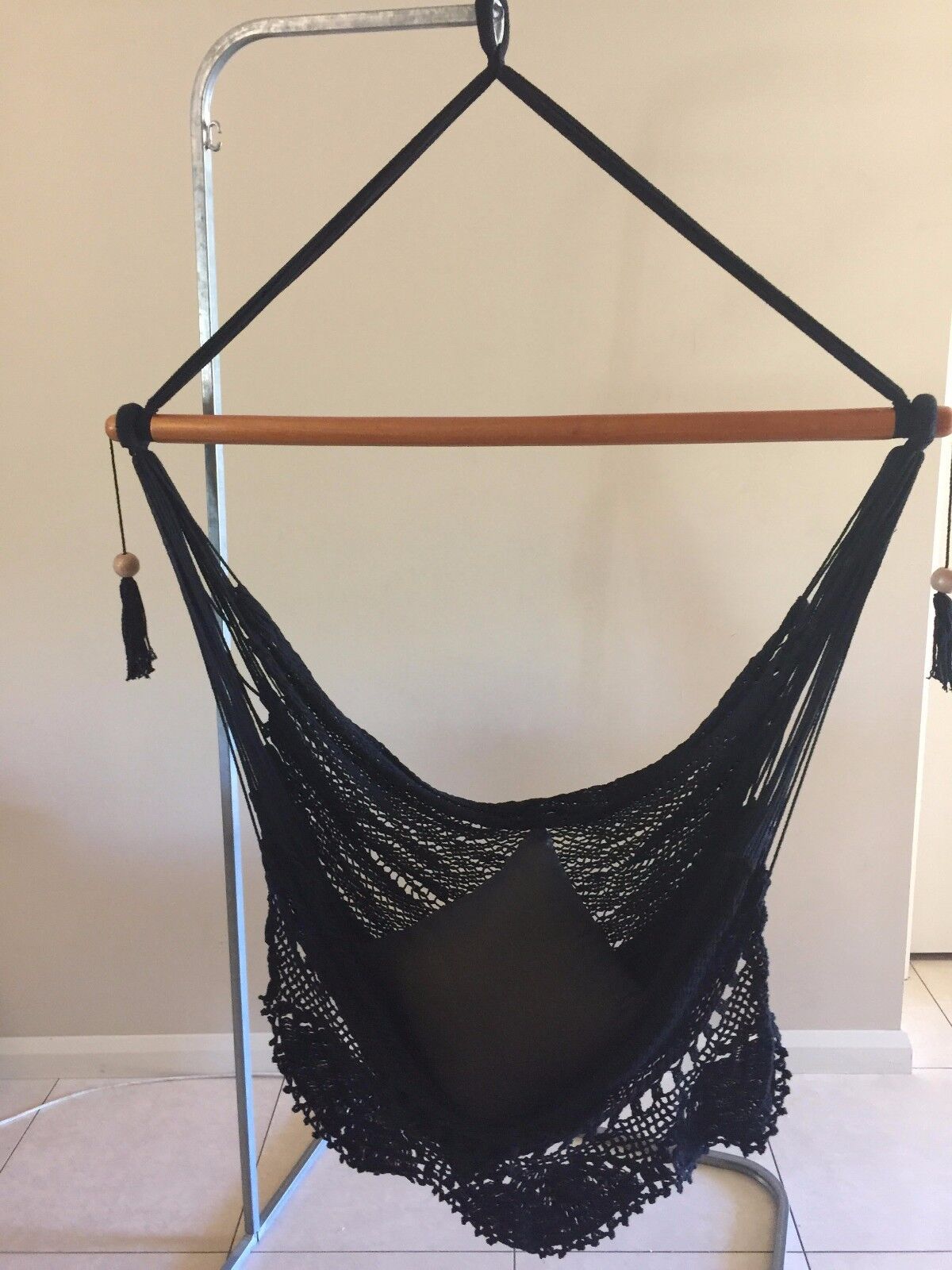 BLACK LARGE HANGING HAMMOCK CHAIR HANDMADE WITH CROCHET EDGE