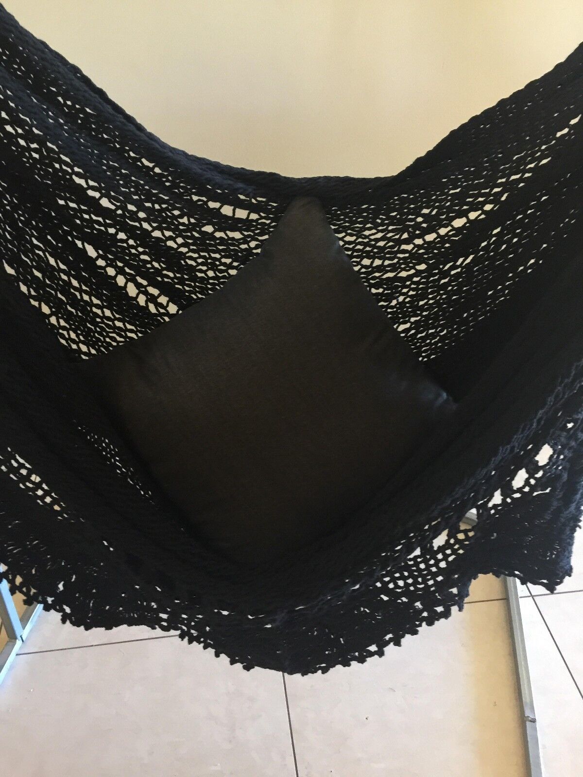 BLACK HANDMADE IN SOUTH AMERICAN LARGE HANGING HAMMOCK CHAIR W CROCHET EDGE