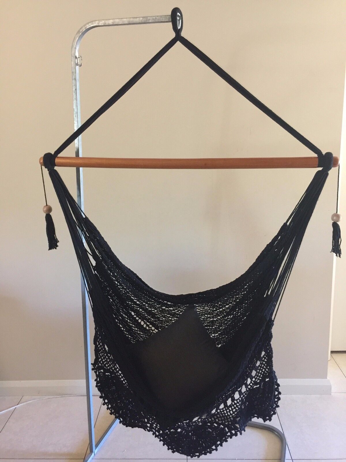 BLACK LARGE HANGING HAMMOCK CHAIR HANDMADE WITH CROCHET EDGE