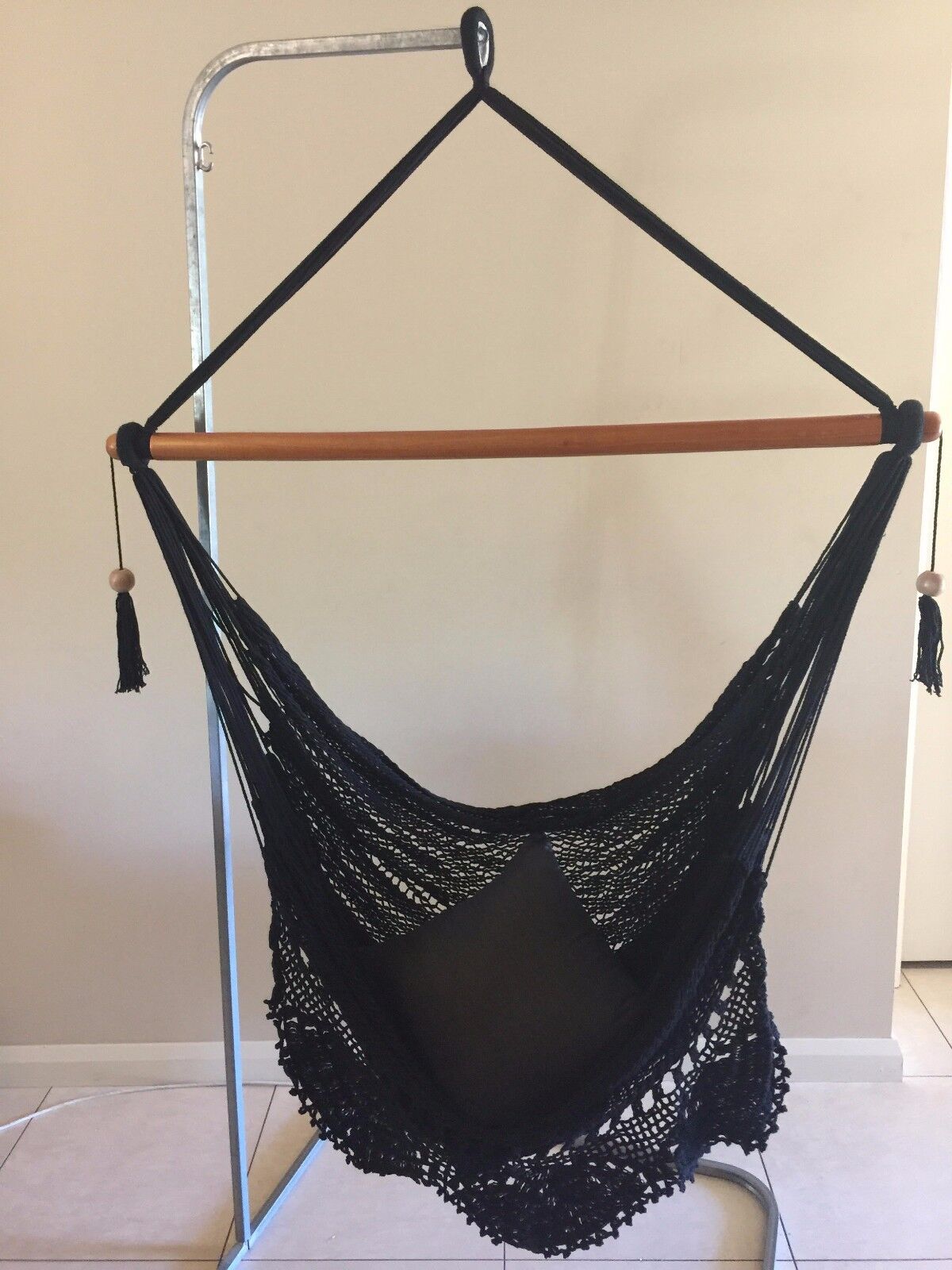 BLACK LARGE HANGING HAMMOCK CHAIR HANDMADE WITH CROCHET EDGE