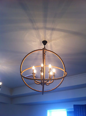 VINTAGE STYLE HUGE IRON AND JUTE 7 LIGHT PENDANT -