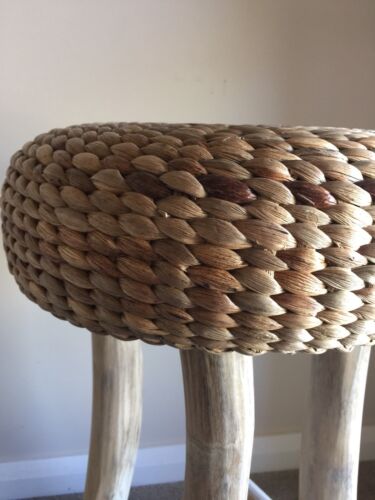 BAR / COUNTER  STOOL - TIMBER LEGS AND WATER HYACINTH SEAT - 65 H X 34 W CM
