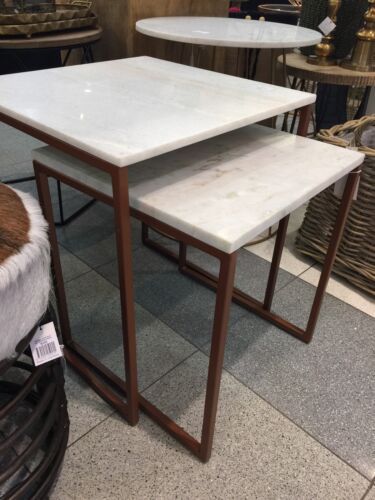 SET OF TWO SIDE TABLE /TABLES WITH COPPER POWDER COATED LEGS AND IVORY STONE TOP