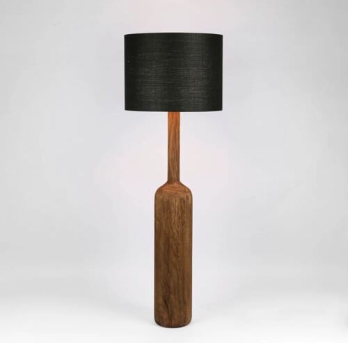 FLASK WOOD FLOOR LAMP SADDLE BASE WITH BLACK SHADE