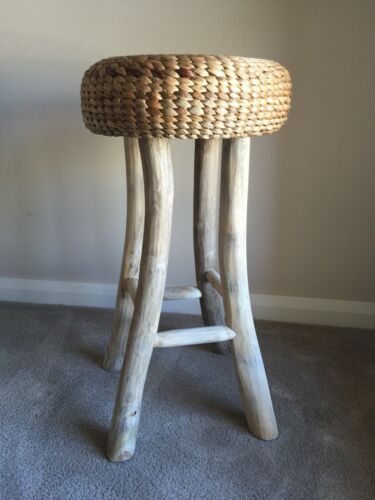 BAR / COUNTER  STOOL - TIMBER LEGS AND WATER HYACINTH SEAT - 65 H X 34 W CM