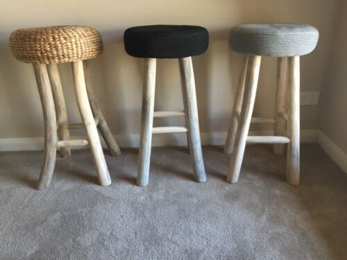 BAR / COUNTER  STOOL - TIMBER LEGS AND WATER HYACINTH SEAT - 65 H X 34 W CM
