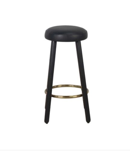HIGH END Button Kitchen Bar Stool Oak Legs Black Vegan Leather seat