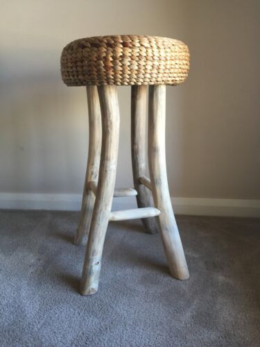 BAR / COUNTER  STOOL - TIMBER LEGS AND WATER HYACINTH SEAT - 65 H X 34 W CM