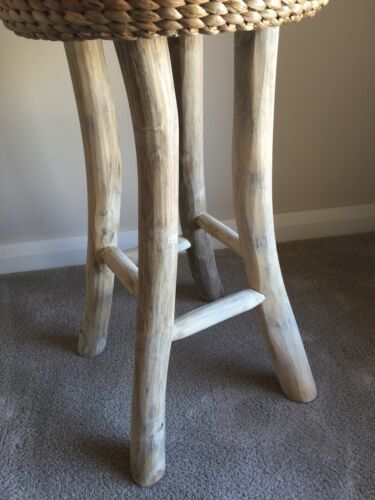 BAR / COUNTER  STOOL - TIMBER LEGS AND WATER HYACINTH SEAT - 65 H X 34 W CM