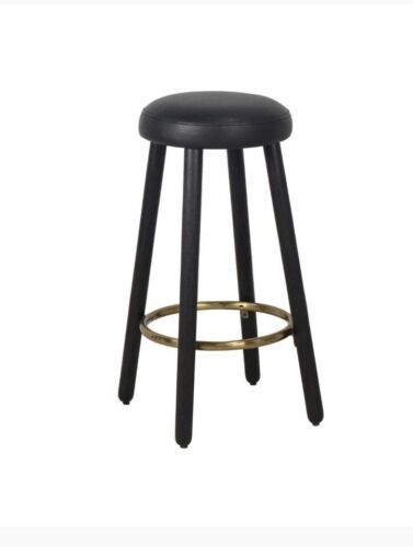 HIGH END Button Kitchen Bar Stool Oak Legs Black Vegan Leather seat