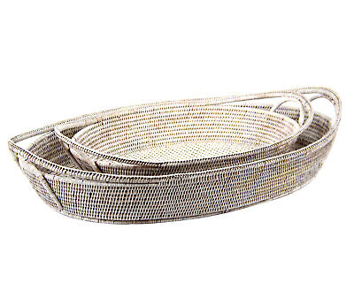Set of 2  Rattan Boat Trays in White Wash Natural - Large W46 x D69 x H10 cm