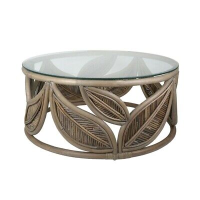 Seville Leaf Round Rattan Coffee Table w glass top natural grey 80x35cm