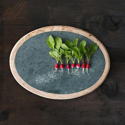 OVAL WOOD AND GREEN  MARBLE SERVING  / CHEESE / CHOPPING BOARD - 39x28cm