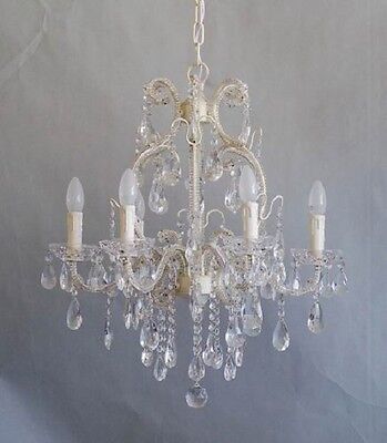 FRENCH CHIC 6 ARM CREAM IRON CHANDELIER WITH GENUINE CLEAR GLASS CRYSTALS
