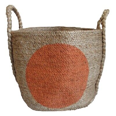 VINTAGE STYLE JUTE BASKET WITH LARGE ORANGE DOT - 50 X 50 X 45 CM