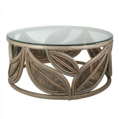 SEVILLE RATTAN LEAF COFFEE TABLE NATURAL GREY WITH GLASS TOP