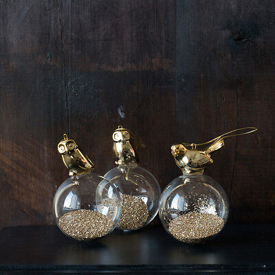 SET OF 3 Brass bird or owl glass baubles with gold glitter