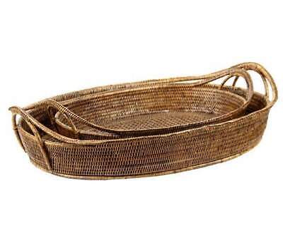 Set of 2 Large Rattan Boat Trays in Antique Brown W46 x D69 x H10 cm