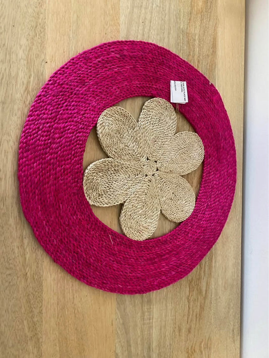 Handmade Flower Jute centre mat in Pink and natural colour - 40 cm diameter