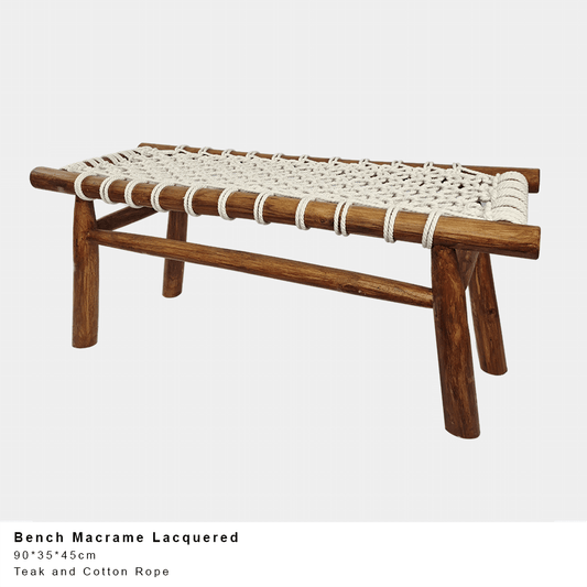 Hamptons Coastal Teak Lacquered Bench w Macramé seat  90X35X45 cm
