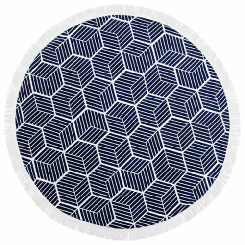 SUNNYLIFE Lennox Round Beach Towel Blue & White with white cotton fringe 150cm