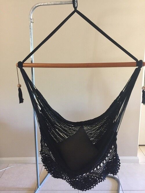 BLACK HANDMADE IN SOUTH AMERICAN LARGE HANGING HAMMOCK CHAIR  W CROCHET EDGE