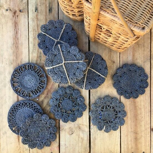 SET OF 6 - HIGH QUALITY HAND MADE JUTE COASTERS IN STEEL GREY COLOUR- 12 CM DIA