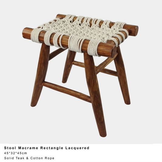 Lacquered Teak Large Rectangle Stool with Macramé Top - 45 x 32 x 45 cm