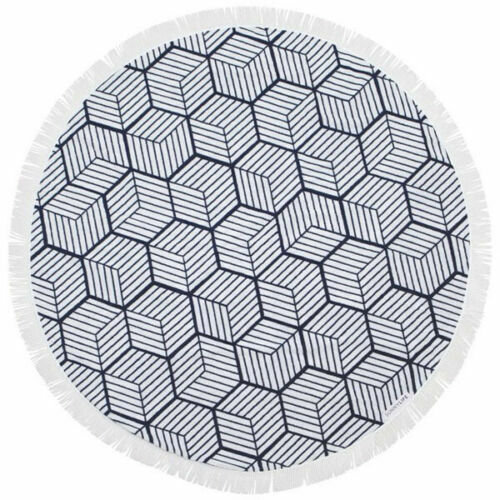 SUNNYLIFE Lennox Round Beach Towel Blue & White with white cotton fringe 150cm
