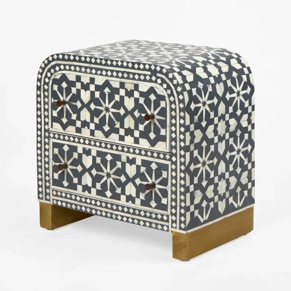 Adina Bone Inlay Bedside Table Grey/White By Florabelle Living