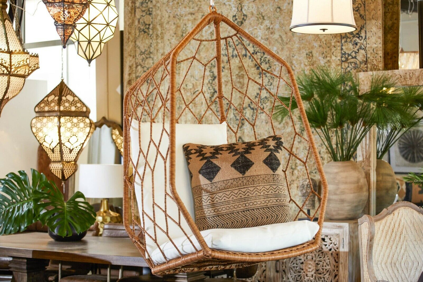 Geo Pod Hanging Chair Natural suitable for outdoor use RRP$1299