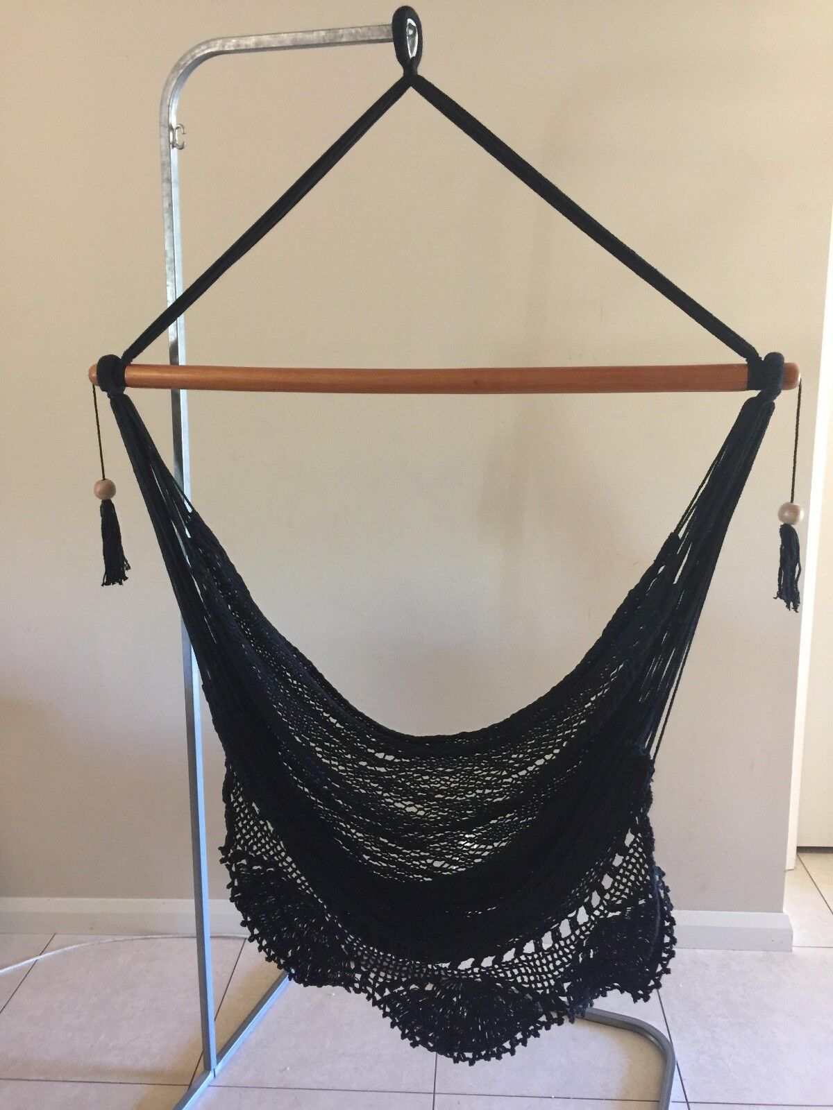 BLACK HANDMADE IN SOUTH AMERICAN LARGE HANGING HAMMOCK CHAIR  W CROCHET EDGE