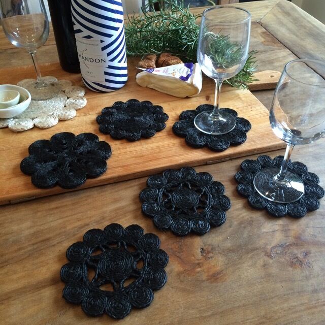 SET OF 6 - HIGH QUALITY HAND MADE JUTE COASTERS IN BLACK COLOUR- 12 CM DIA
