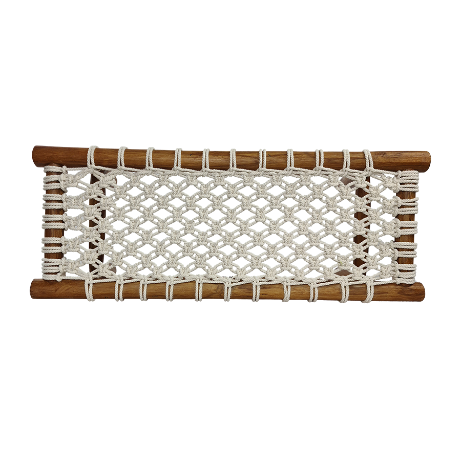 Hamptons Coastal Teak Lacquered Bench w Macramé seat  90X35X45 cm