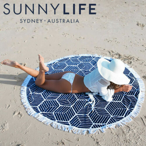 SUNNYLIFE Lennox Round Beach Towel Blue & White with white cotton fringe 150cm