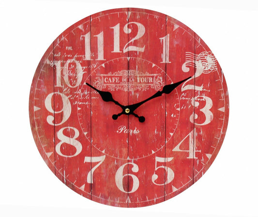 Round Wall Clock Clock De La Tour Red Vintage Hampton's French 34 cm