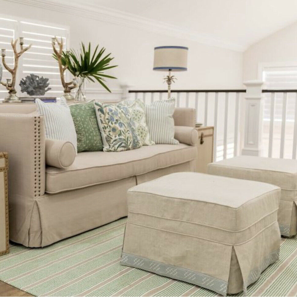 Hamptons style Floor Runner Rug recycled cotton Geneva Green & Natural 90x 300cm