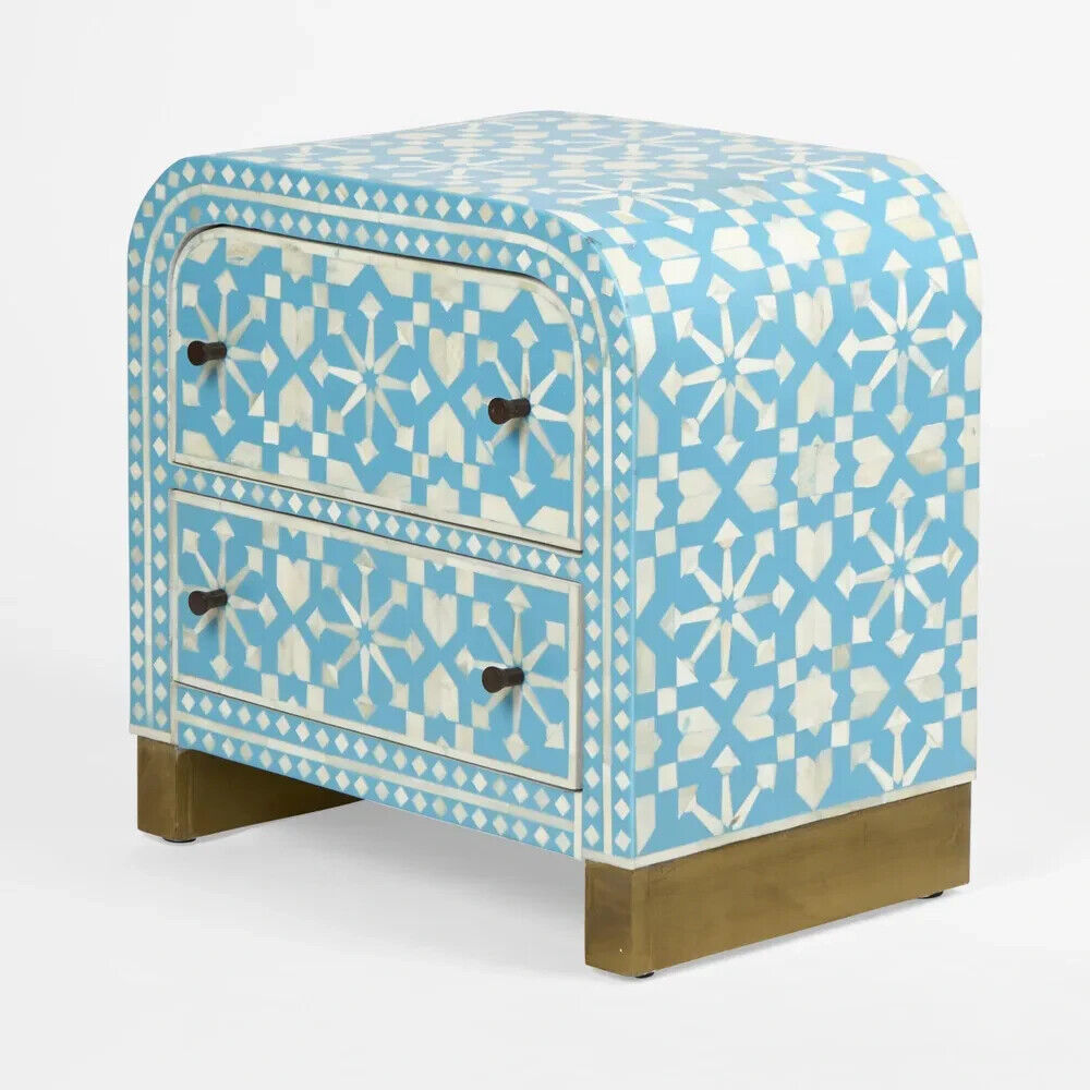Adina Bone Inlay Bedside Table Aqua/White By Florabelle Living