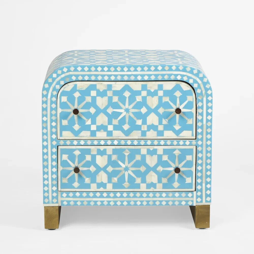 Adina Bone Inlay Bedside Table Aqua/White By Florabelle Living