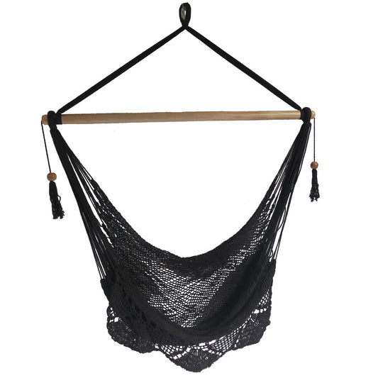 BLACK LARGE HANGING HAMMOCK CHAIR HANDMADE WITH CROCHET EDGE