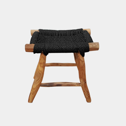 Teak Footstool with Woven Seagrass top in Black finish
