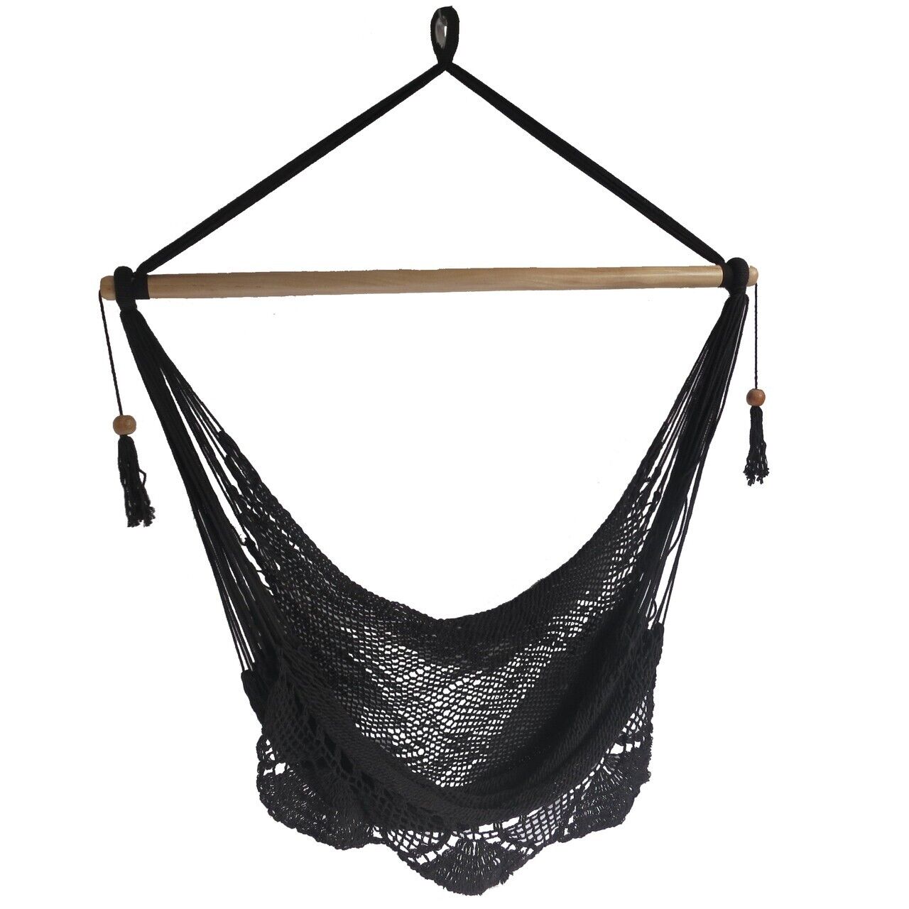 BLACK HANDMADE IN SOUTH AMERICAN LARGE HANGING HAMMOCK CHAIR  W CROCHET EDGE