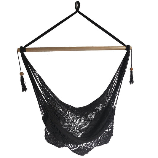 BLACK HANDMADE IN SOUTH AMERICAN LARGE HANGING HAMMOCK CHAIR  W CROCHET EDGE