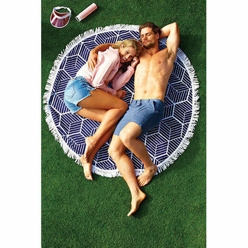 SUNNYLIFE Lennox Round Beach Towel Blue & White with white cotton fringe 150cm