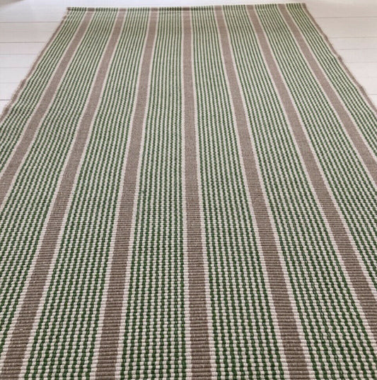 Hamptons style Floor Runner Rug recycled cotton Geneva Green & Natural 90x 300cm