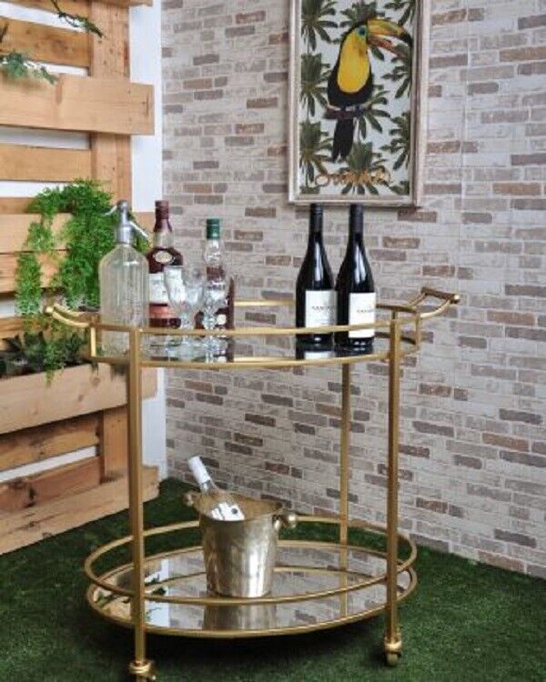 STUNNING LUXE BRASS FINISH OVAL BAR CART/DRINK TROLLEY MIRROR TRAY